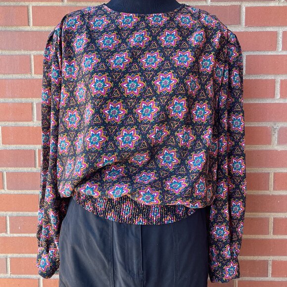 Vintage Tops - Vintage 80s Jordan Abstract Floral Printed Elastic Waist Blouse | Size L/XL